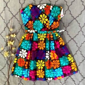 Trina Turk Retro Flower Power Mod Print Strapless Belted Mini Dress Hawaiian